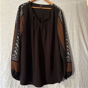 Alfani Tunic Blouse Black Long Sleeve Patterned Accents Women’s Sz 16W NWOT